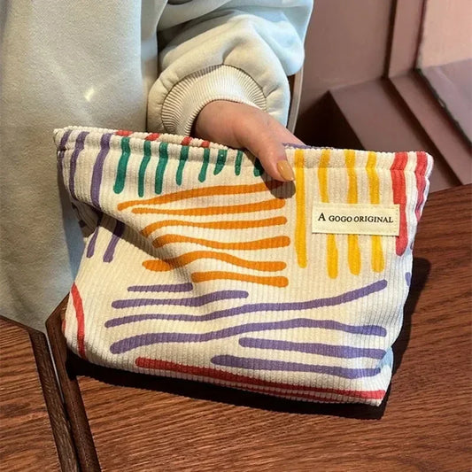 Corduroy Clash Color Striped Cosmetic Bag