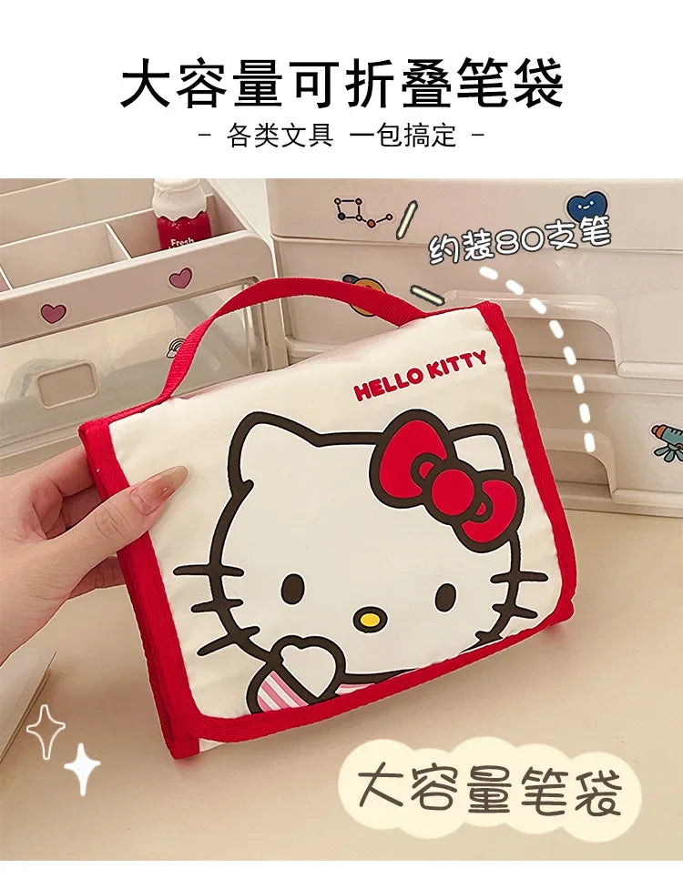 Kawaii Sanrio Large Capacity Folding Cartoon Makeup Bag Cute Travel Kitty Kuromi Portable Cosmetics Brush Storage Bag