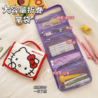 Kawaii Sanrio Large Capacity Folding Cartoon Makeup Bag Cute Travel Kitty Kuromi Portable Cosmetics Brush Storage Bag