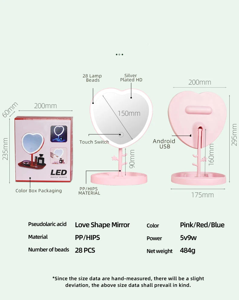 Portable LED Light Makeup Mirror Vanity Lights Compact Make Up Pocket Mirrors Vanity Cosmetic Hand Folding Led Mirror Lamp Gift