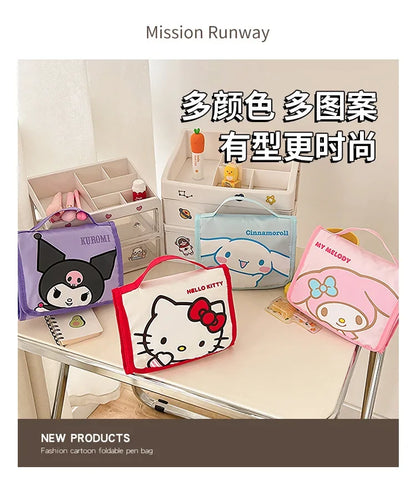 Kawaii Sanrio Large Capacity Folding Cartoon Makeup Bag Cute Travel Kitty Kuromi Portable Cosmetics Brush Storage Bag