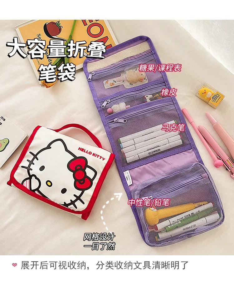 Kawaii Sanrio Large Capacity Folding Cartoon Makeup Bag Cute Travel Kitty Kuromi Portable Cosmetics Brush Storage Bag